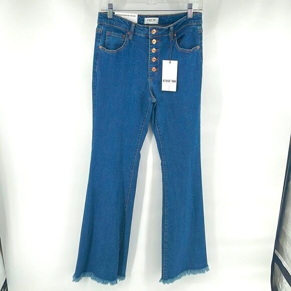 C’EST TOI Black Label mid rise button fly down wide flare jeans bell bottom 7 27 - Picture 2 of 16